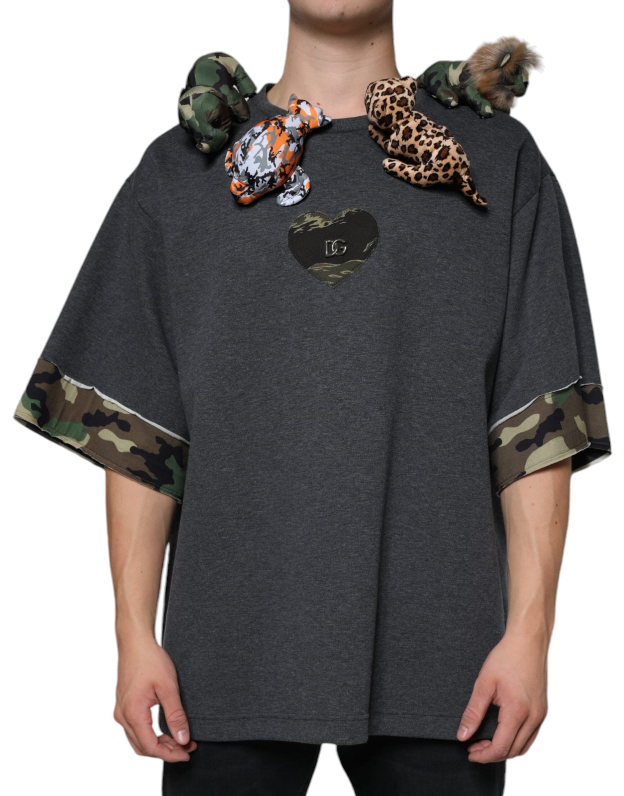 Dolce & Gabbana Gray Camouflage Animal Stuff Cotton Men's T-shirt