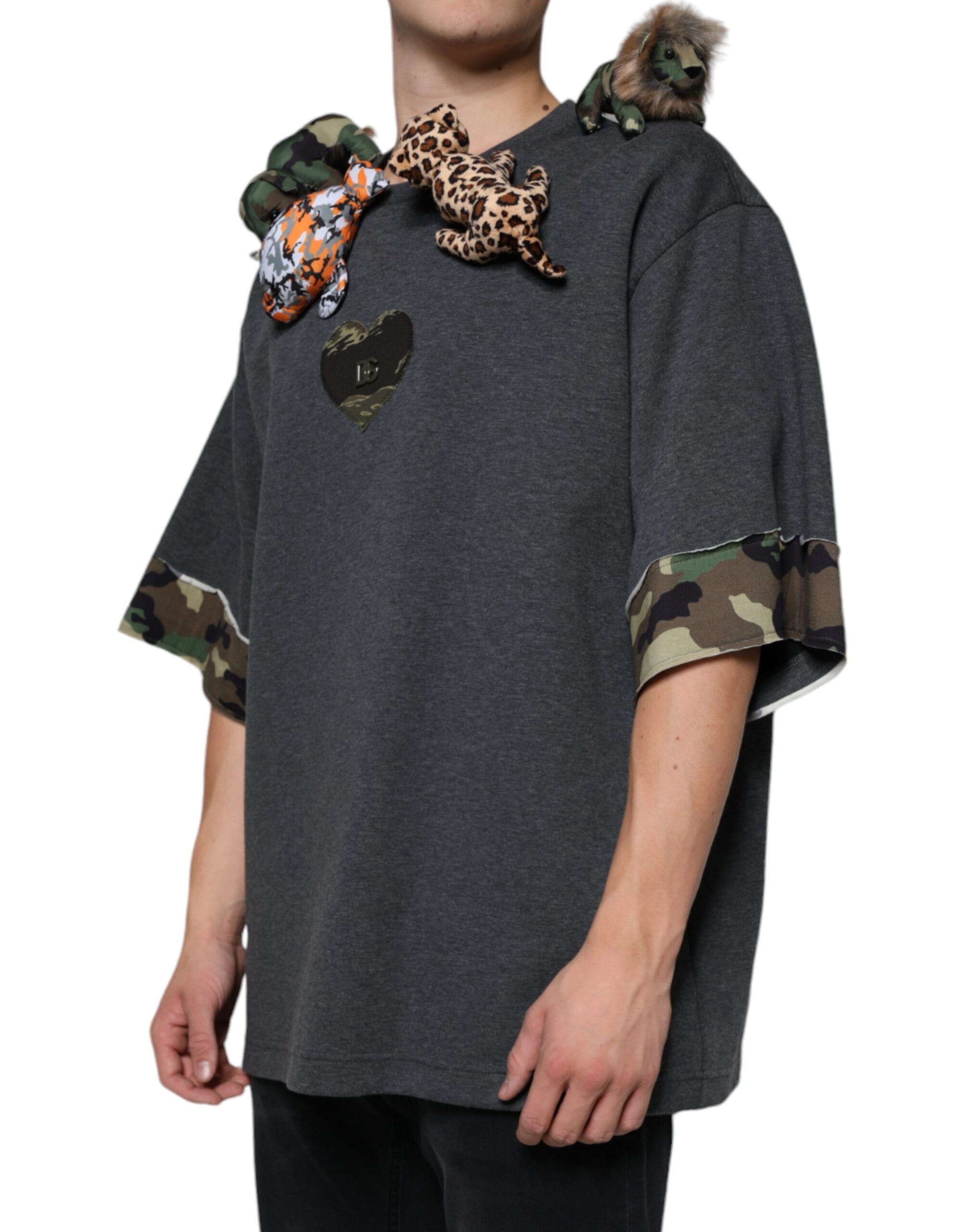 Dolce & Gabbana Gray Camouflage Animal Stuff Cotton Men's T-shirt