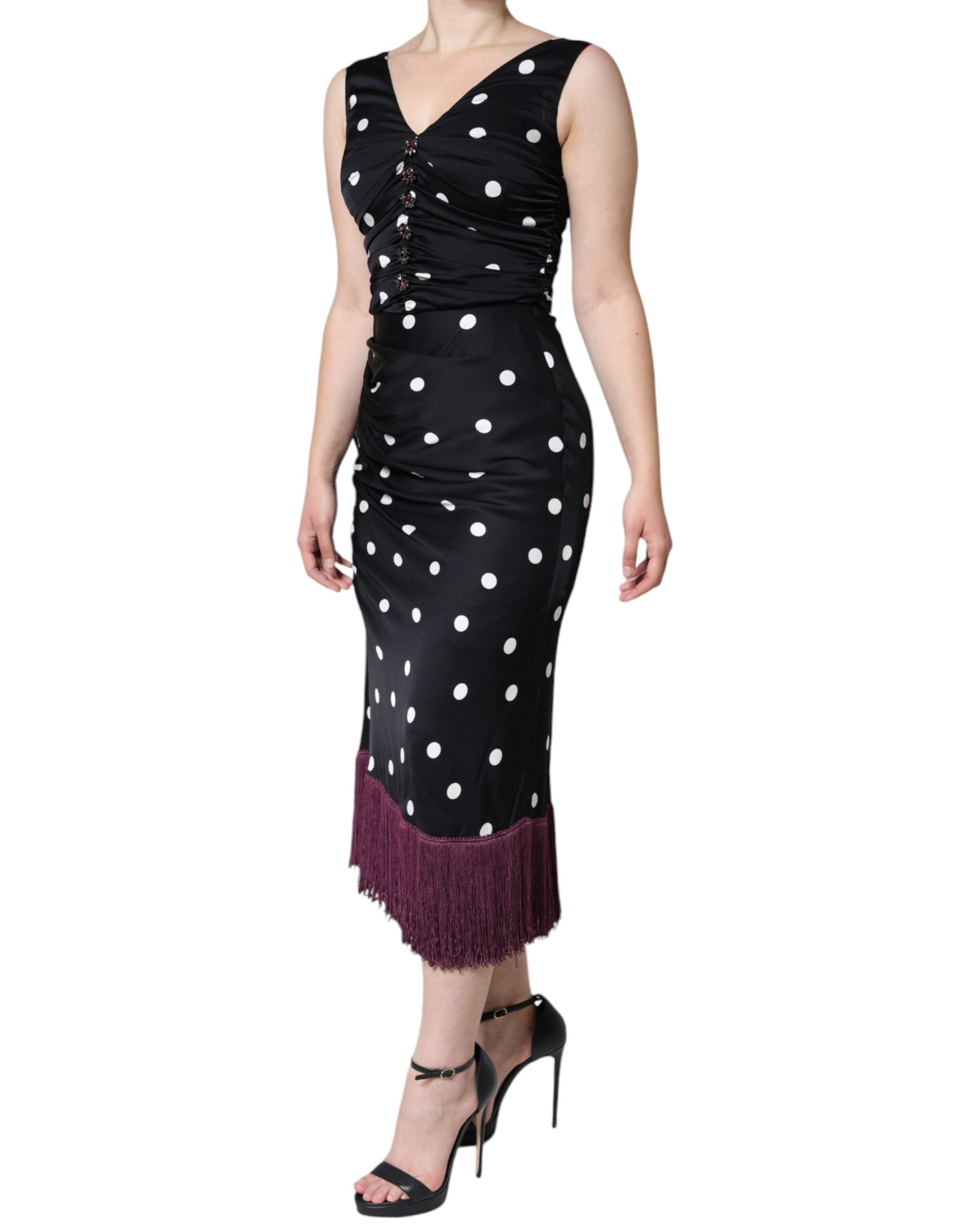 Dolce & Gabbana Black Silk Polka Dot Vneck Tassel Midi Women's Dress (Pre-Owned)