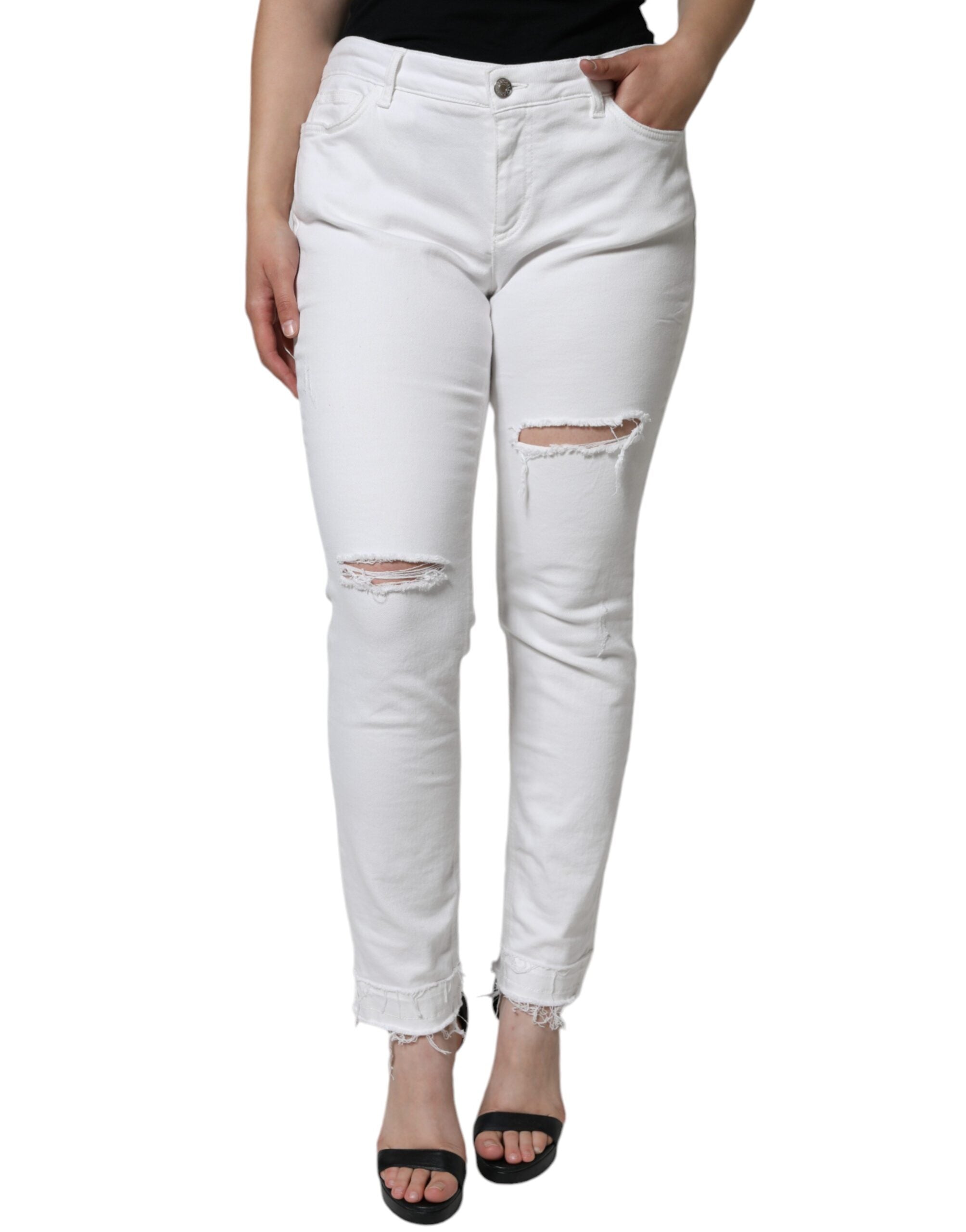 Dolce & Gabbana White Cotton Stretch Tattered Skinny Women's Jeans (Pre-Owned)