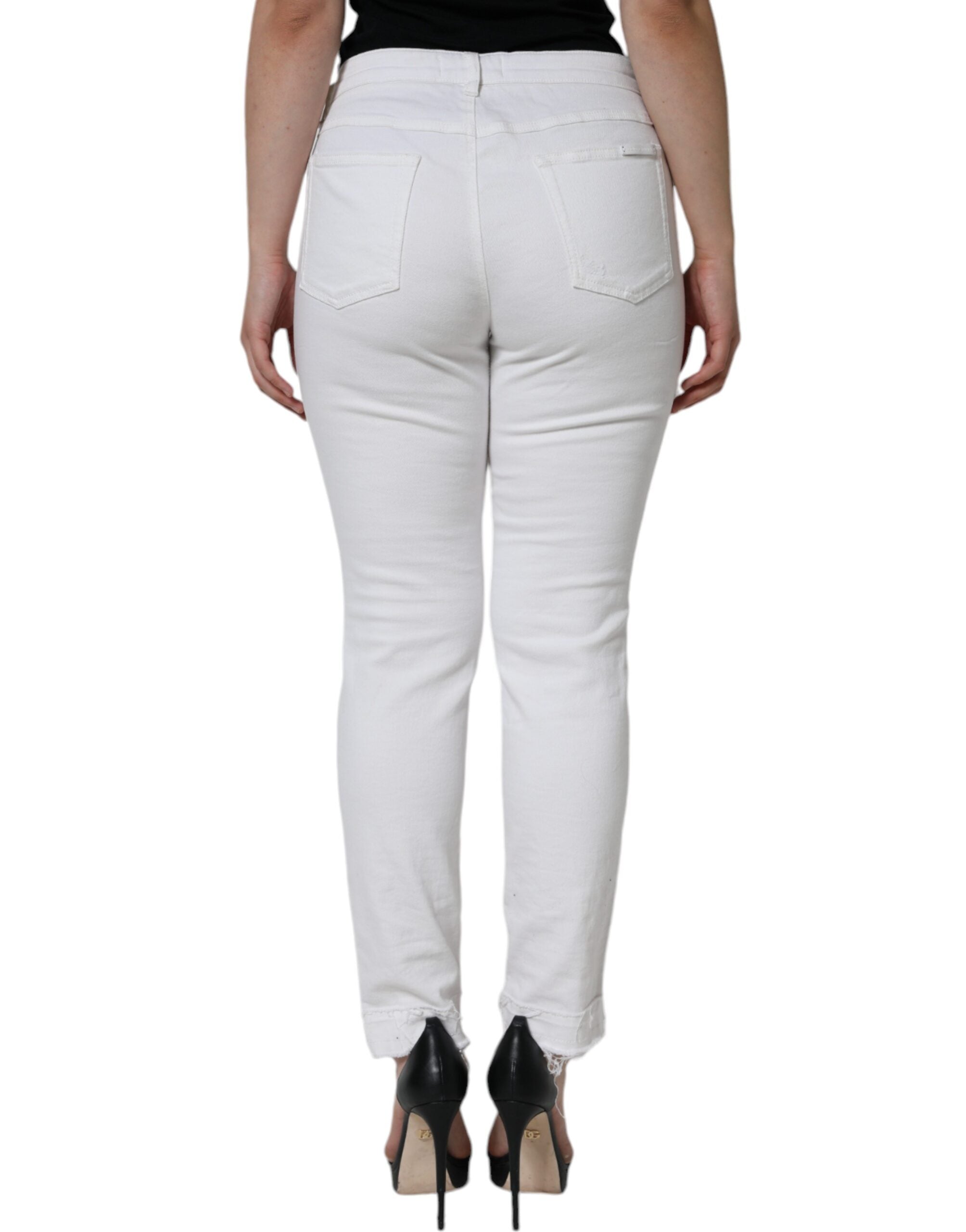 Dolce & Gabbana White Cotton Stretch Tattered Skinny Women's Jeans (Pre-Owned)