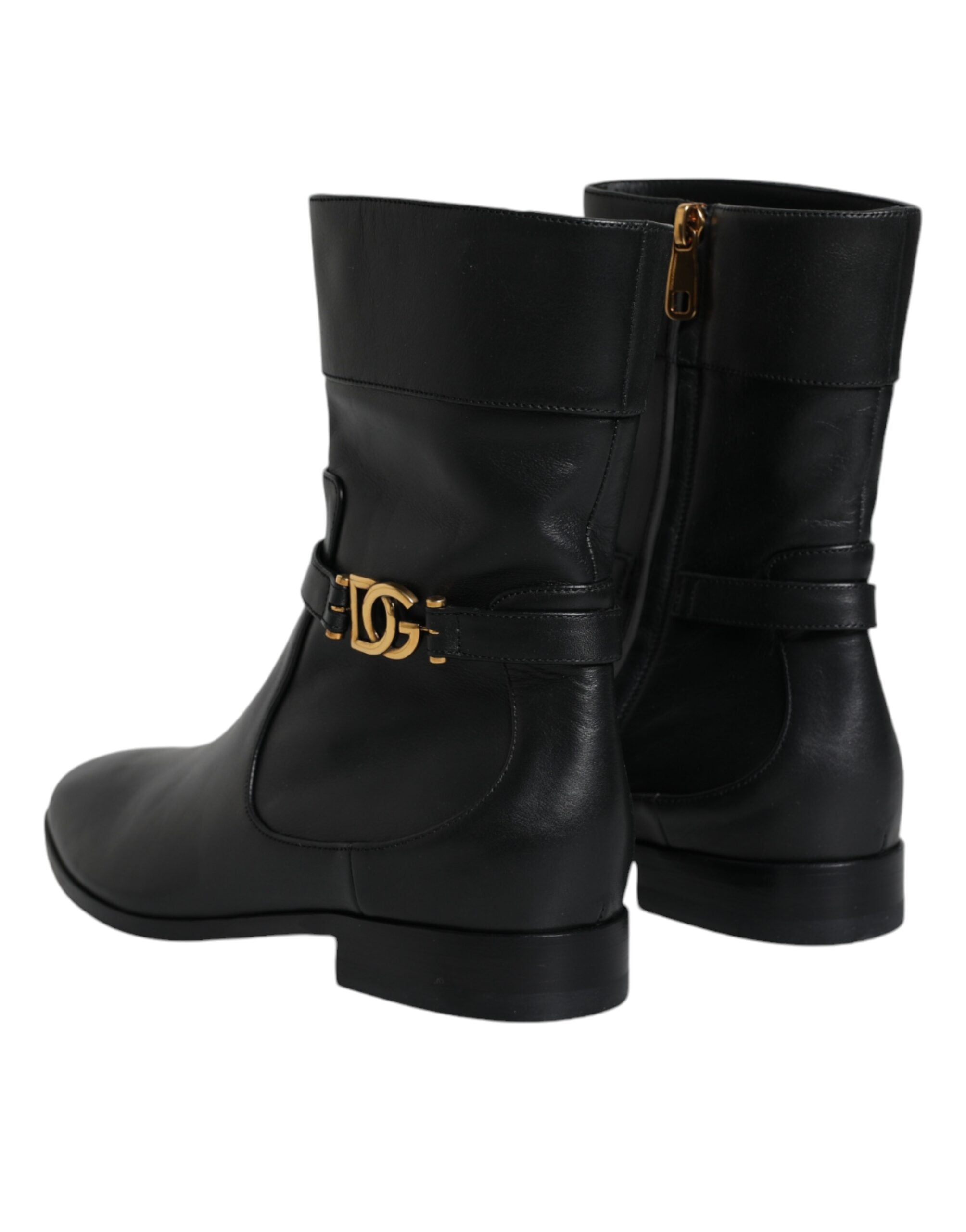 Dolce & Gabbana Black Leather Logo Mid Calf Boots Women's Shoes