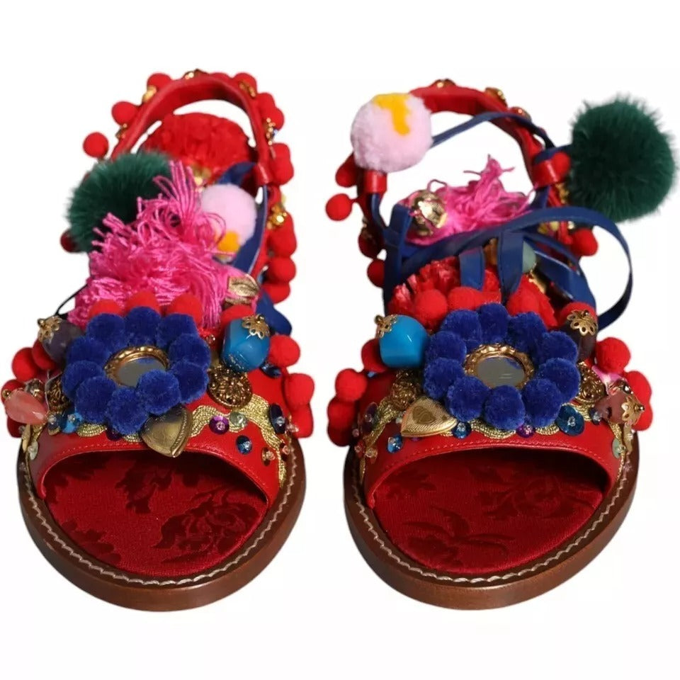 Dolce & Gabbana Multicolor Pom Pom Fur Wrap Sandals Women's Shoes (Pre-Owned)