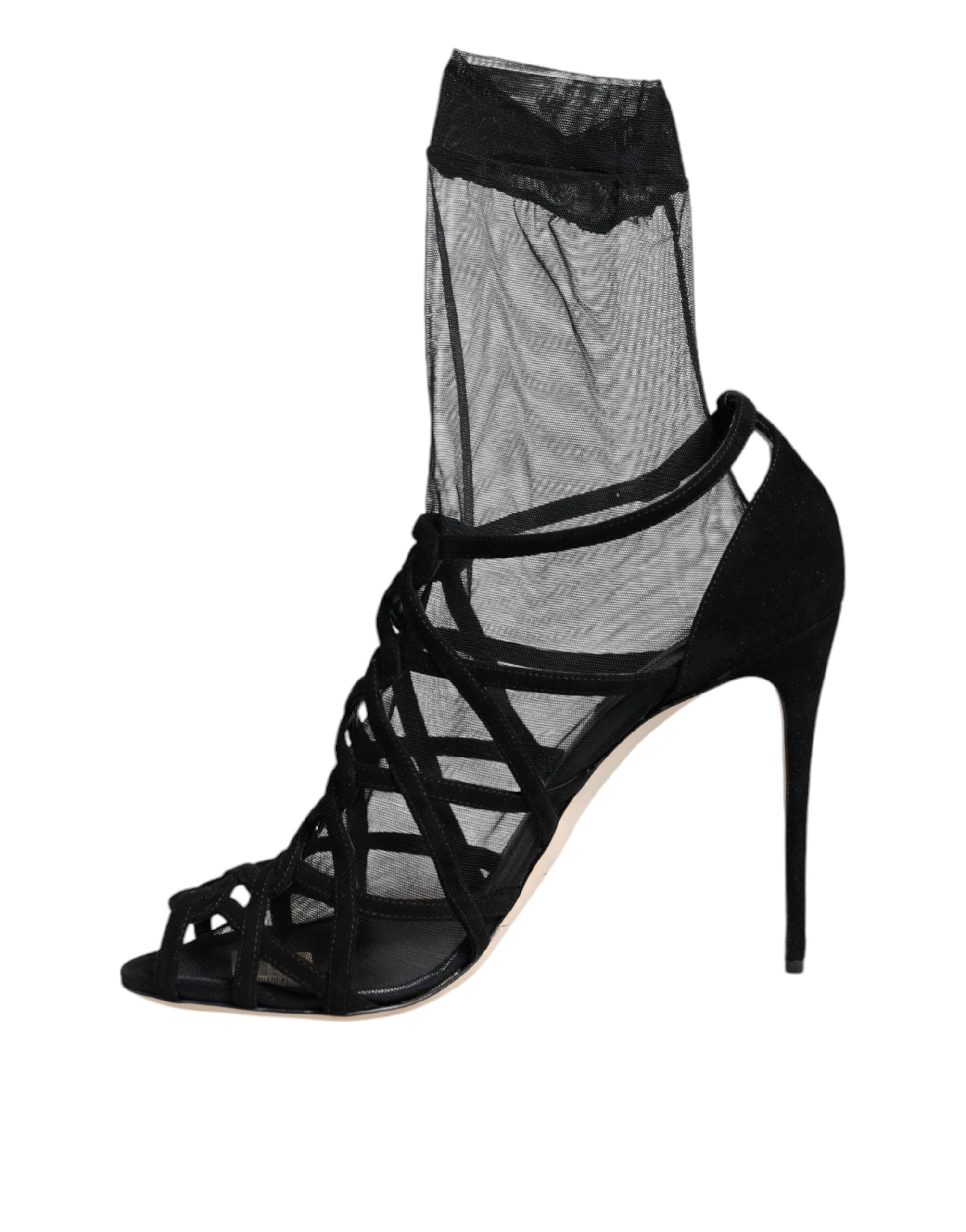 Dolce & Gabbana Black Tulle Stretch Heels Sandals Women's Shoes