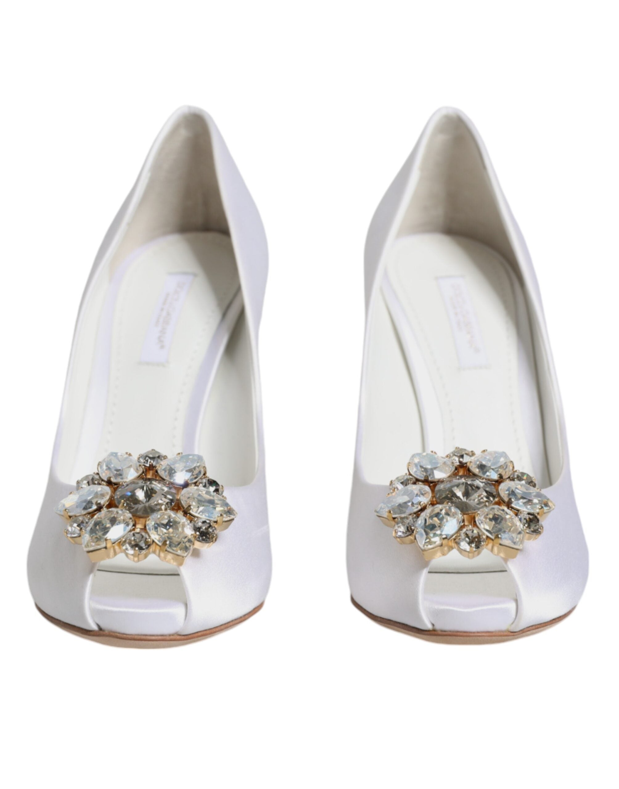 Dolce & Gabbana White Crystals Peep Toe Satin Pumps Women's Shoes (Pre-Owned)