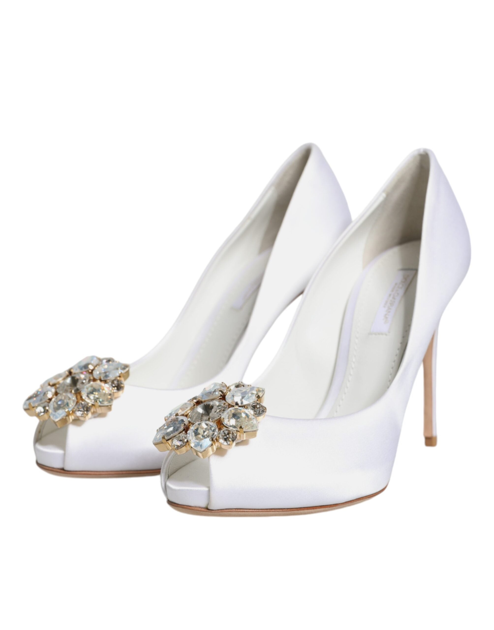 Dolce & Gabbana White Crystals Peep Toe Satin Pumps Women's Shoes (Pre-Owned)