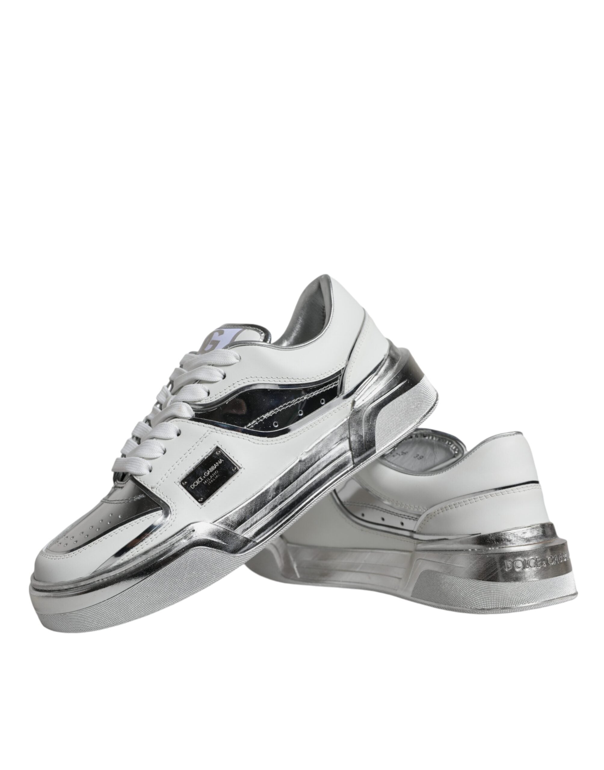 Dolce & Gabbana White Silver Leather Low Top Sneakers Women's Shoes