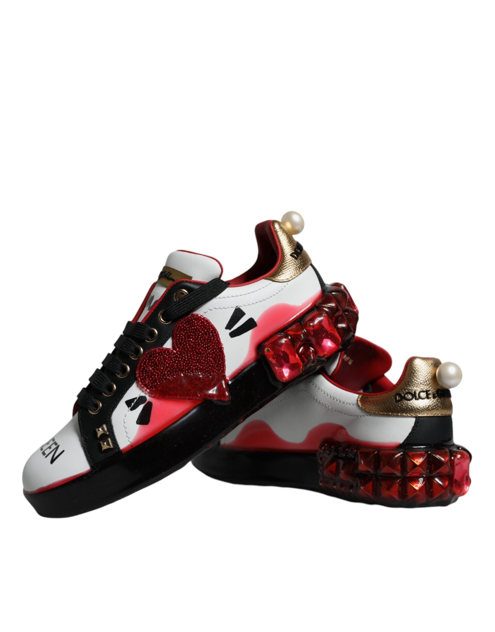Dolce & Gabbana White Red Crystals Leather Portofino Sneakers Women's Shoes
