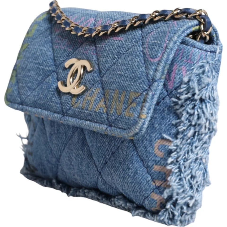Chanel Denim Mood Flap Micro Logo Printed Fringed Shoulder Women's Bag