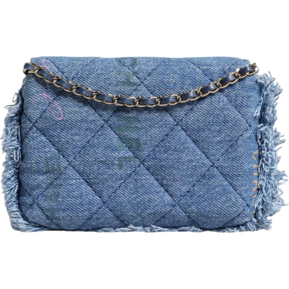 Chanel Denim Mood Flap Micro Logo Printed Fringed Shoulder Women's Bag