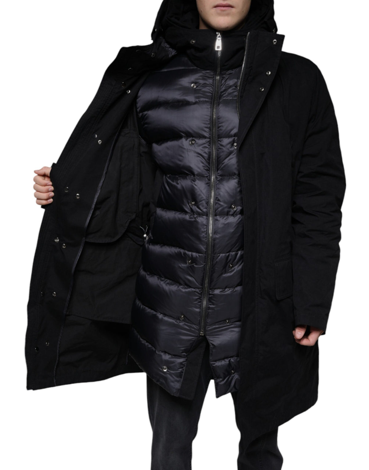 Dolce & Gabbana Black Hooded Parka Cotton Trench Coat Men's Jacket