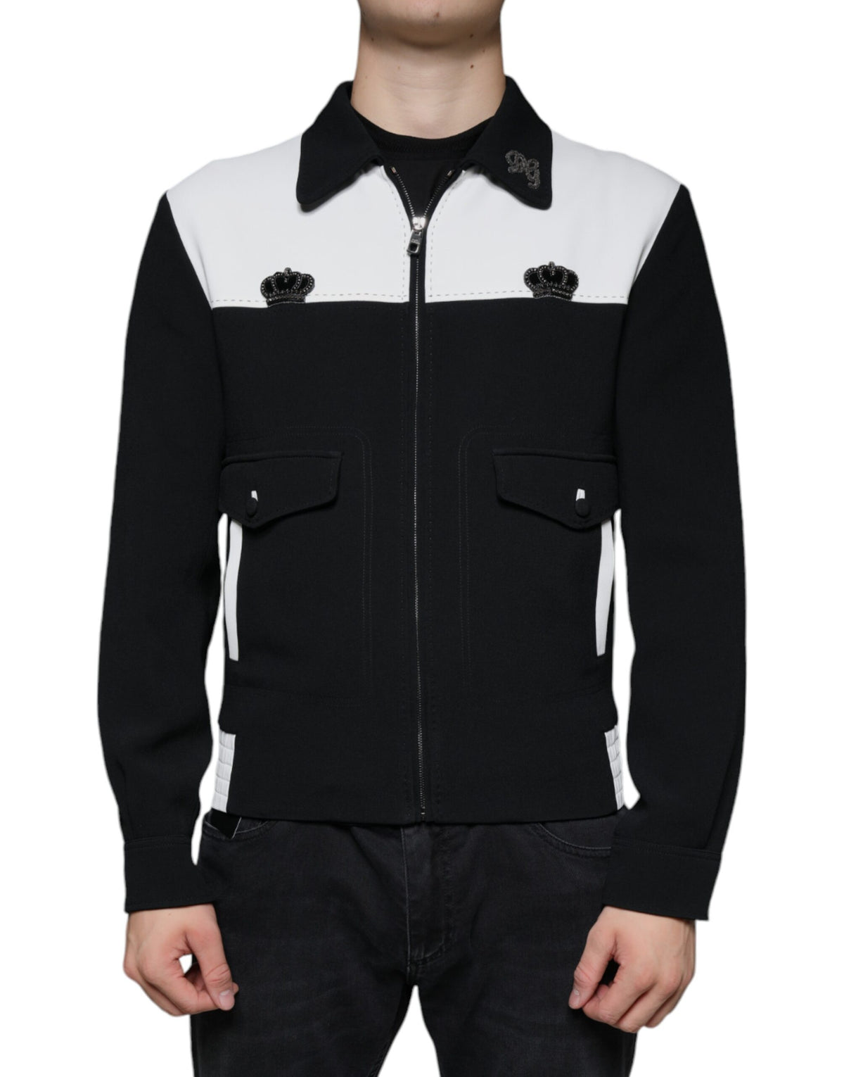 Dolce & Gabbana Black White DG Crown Full Zip Blouson Men's Jacket (Pre-Owned)