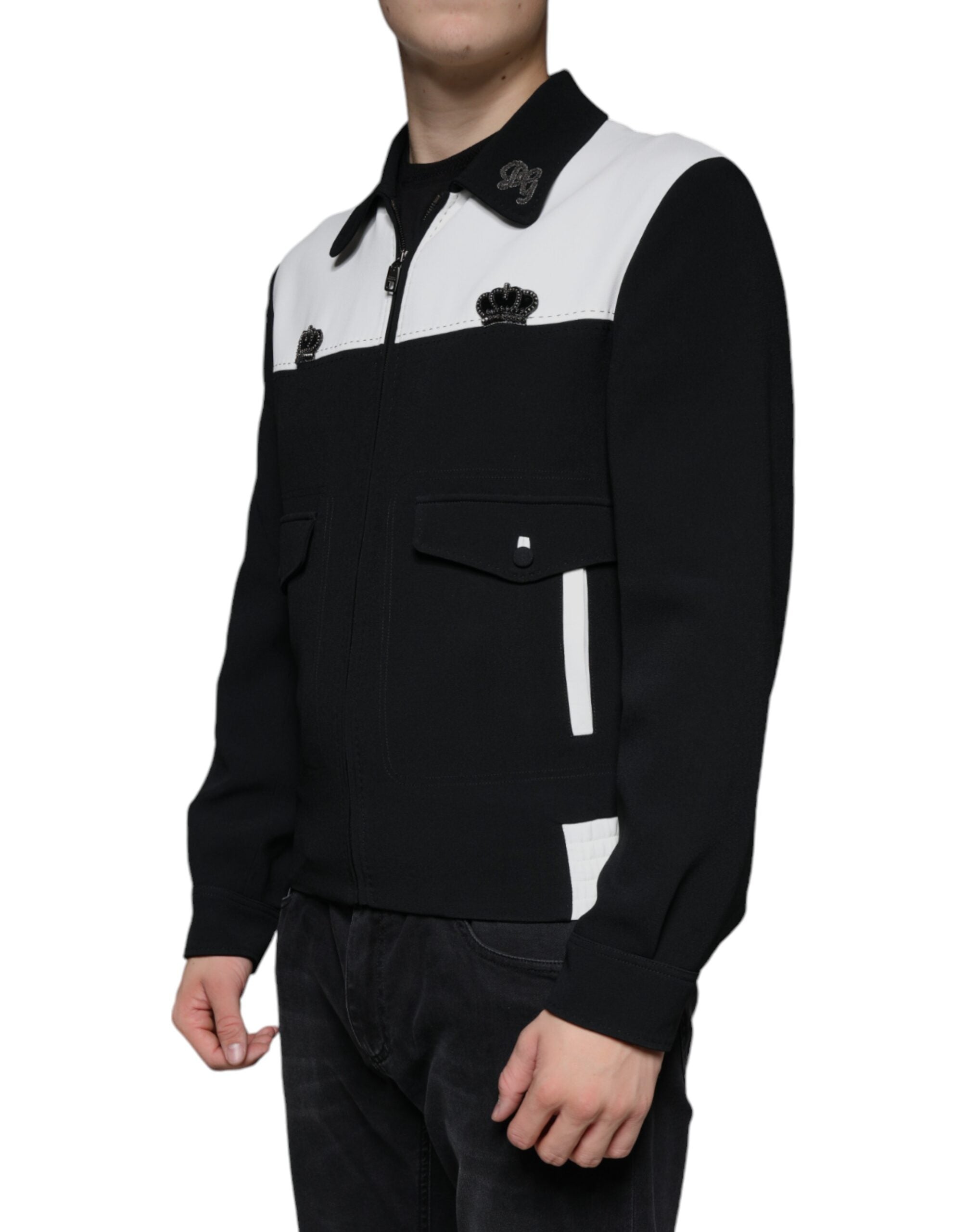 Dolce & Gabbana Black White DG Crown Full Zip Blouson Men's Jacket (Pre-Owned)