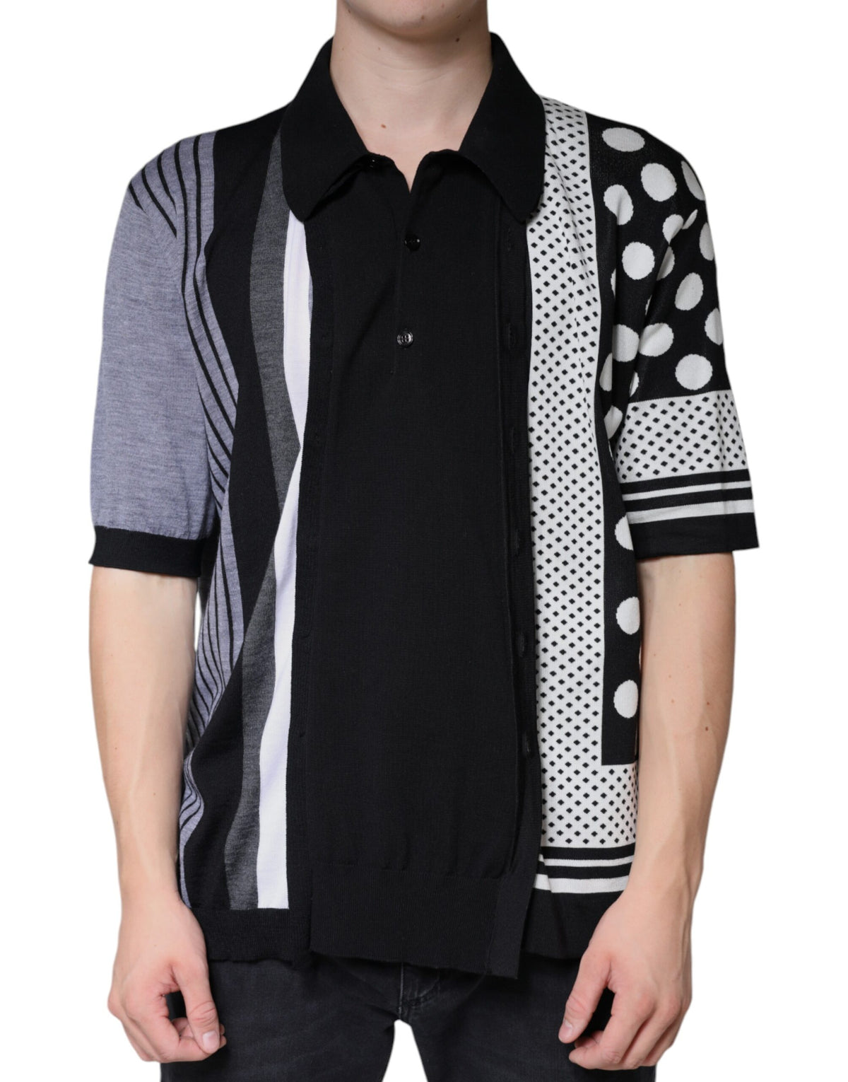 Dolce & Gabbana Black White Polka Dot Collared Polo Men's T-shirt