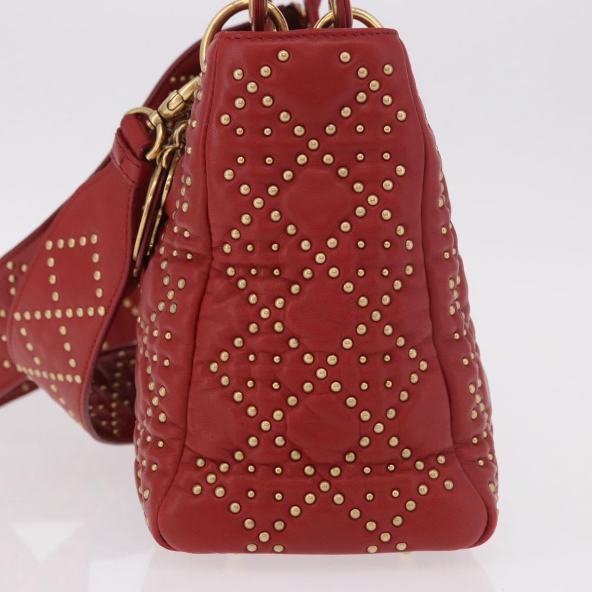 Christian Dior Supple Lady Dior Cannage Studded Lambskin Red Leather Handbag (Pre-Owned)