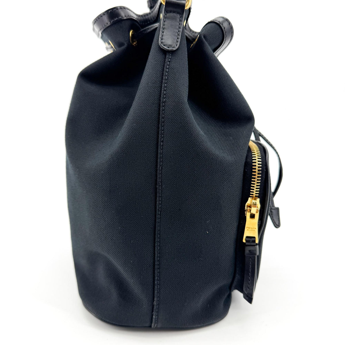 Prada Duet Drawstring Bucket Tessuto Black Canvas Handbag (Pre-Owned)