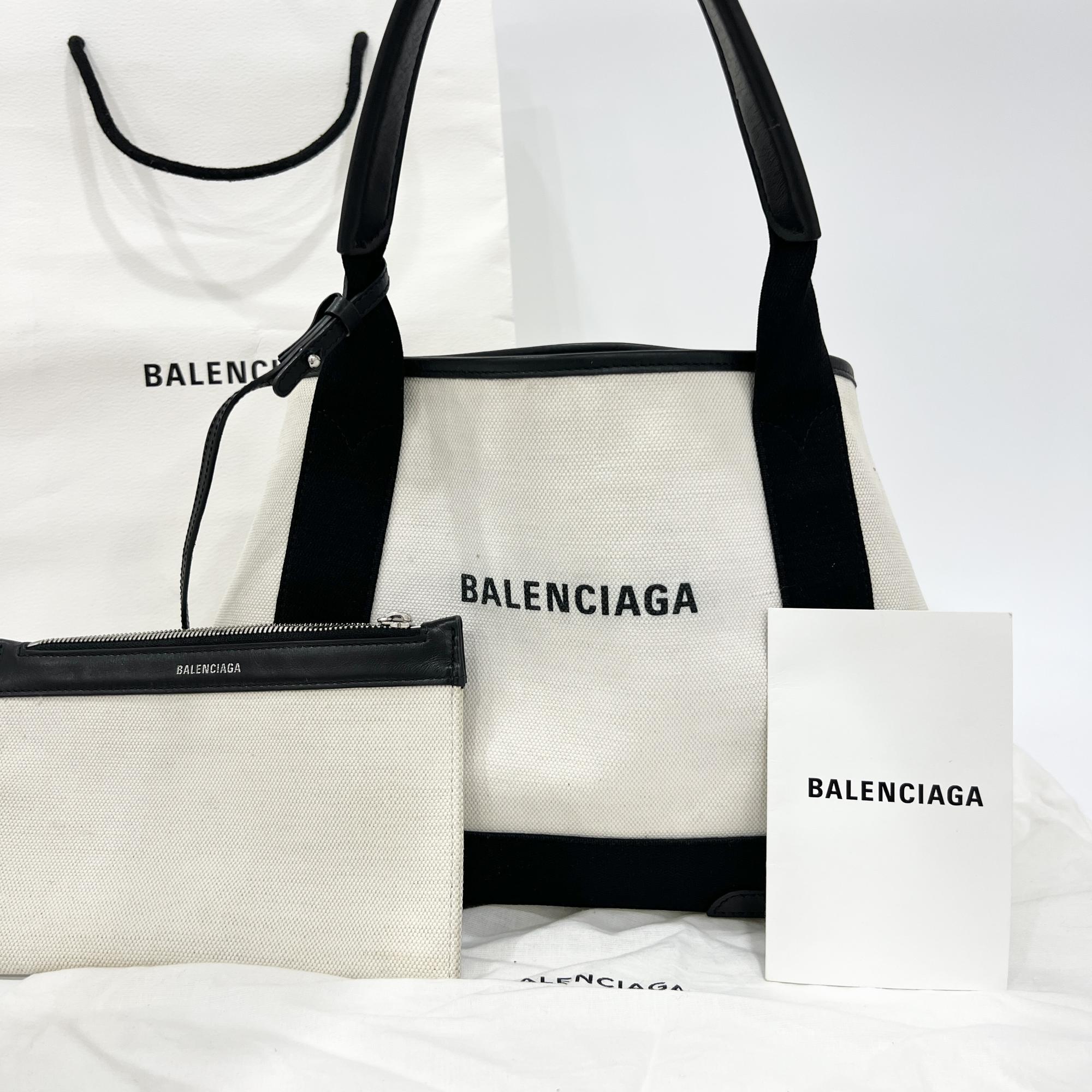 Balenciaga Navy Cabas Canvas With Leather White Canvas Tote Bag Bag (Pre-Owned)