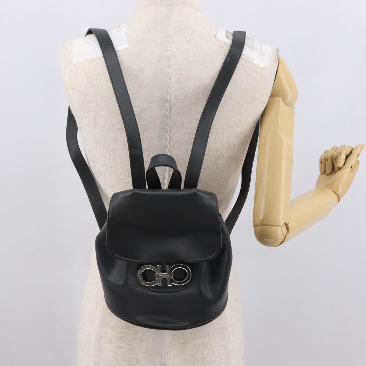 Salvatore Ferragamo Gancini Flap Drawstring Leather Black Leather Backpack Bag (Pre-Owned)