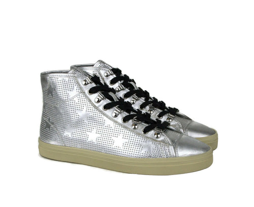 Saint Laurent Men's Silver Metallic Leather Hi Top Sneaker (42 EU / 9 US)