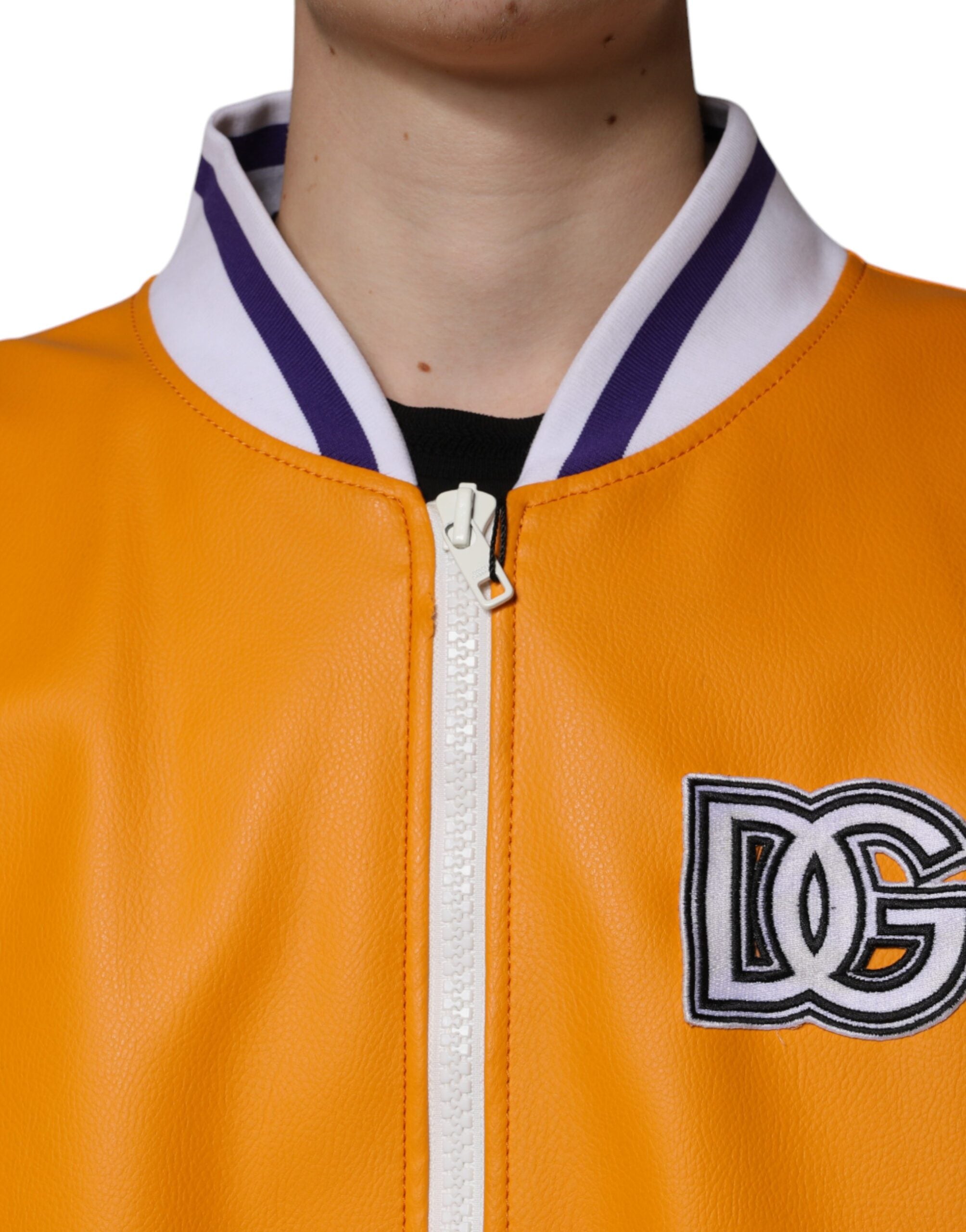 Dolce & Gabbana Orange White Full Zip Jersey Bomber Men's Jacket