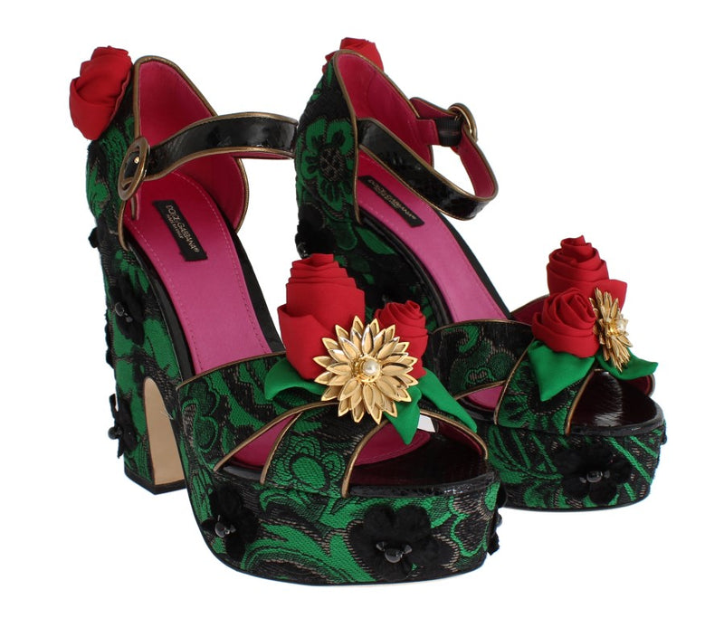 Dolce & Gabbana Green Brocade Snakeskin Roses Crystal Women's Shoes