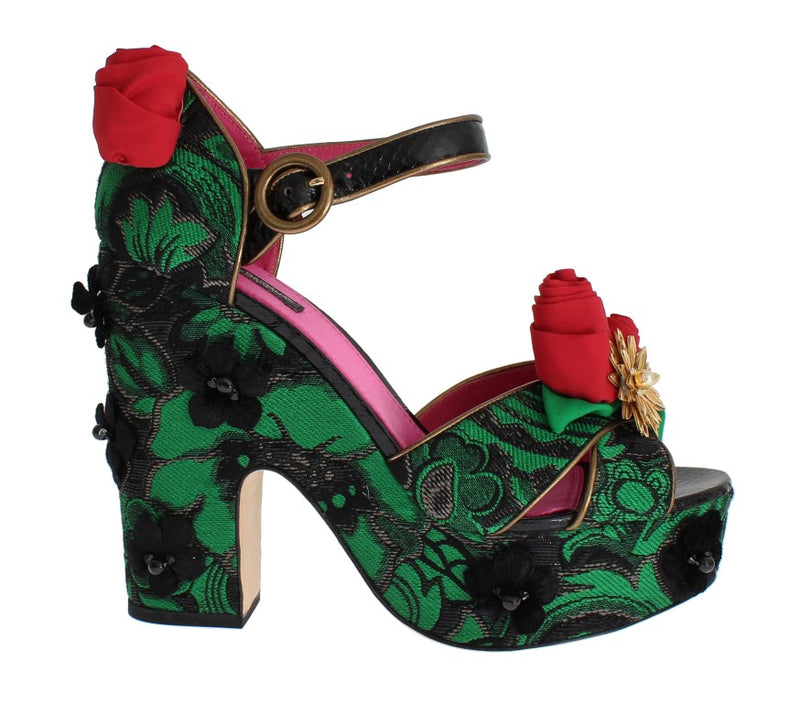Dolce & Gabbana Green Brocade Snakeskin Roses Crystal Women's Shoes