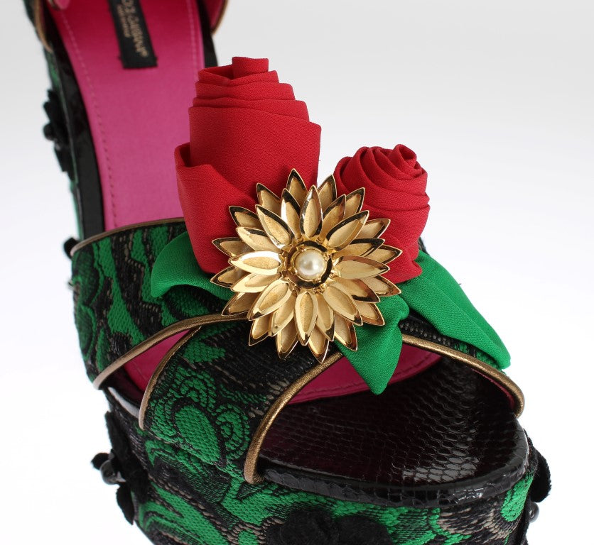 Dolce & Gabbana Green Brocade Snakeskin Roses Crystal Women's Shoes