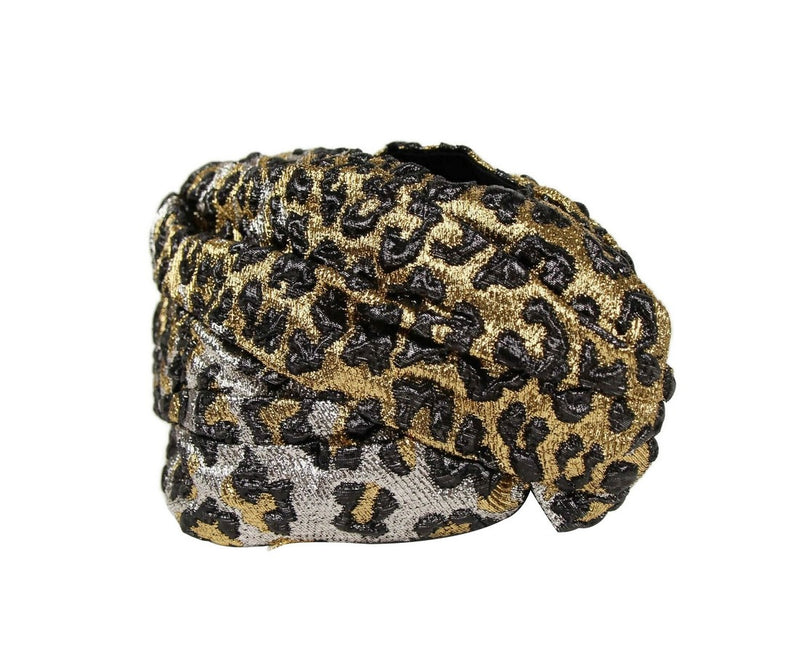 Gucci Women's Gold / Silver Metallic Leopard Print Turban Headband M / 57