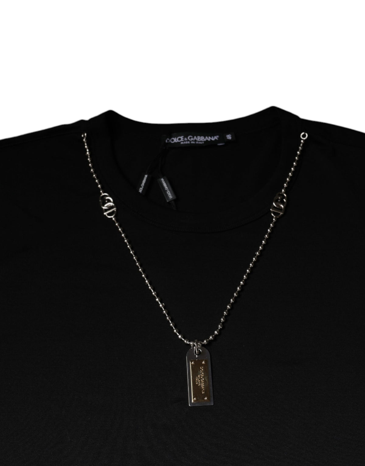 Dolce & Gabbana Black Cotton Necklace Embellished Men's T-shirt