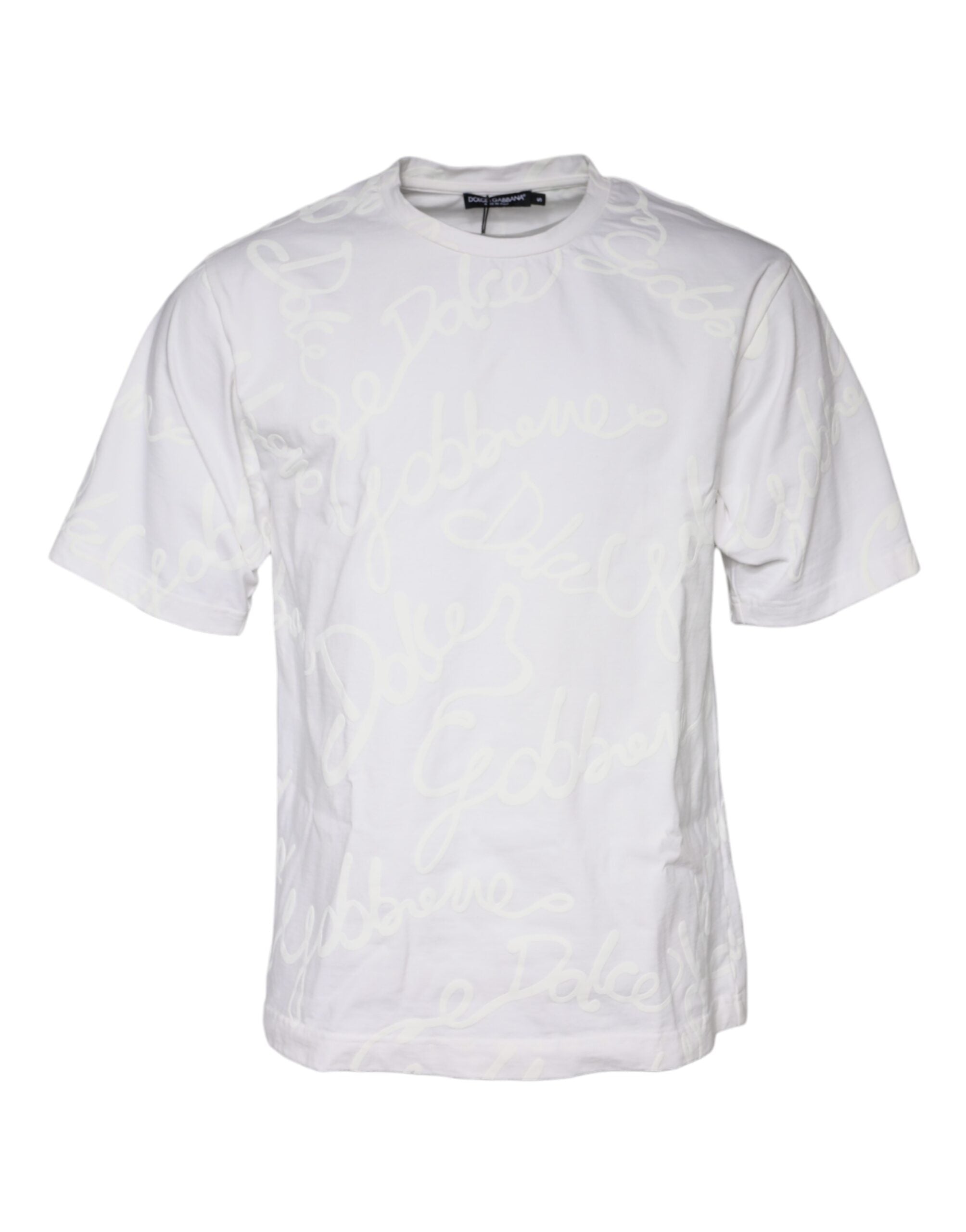 Dolce & Gabbana White Logo Print Cotton Crew Neck Men's T-shirt (Pre-Owned)