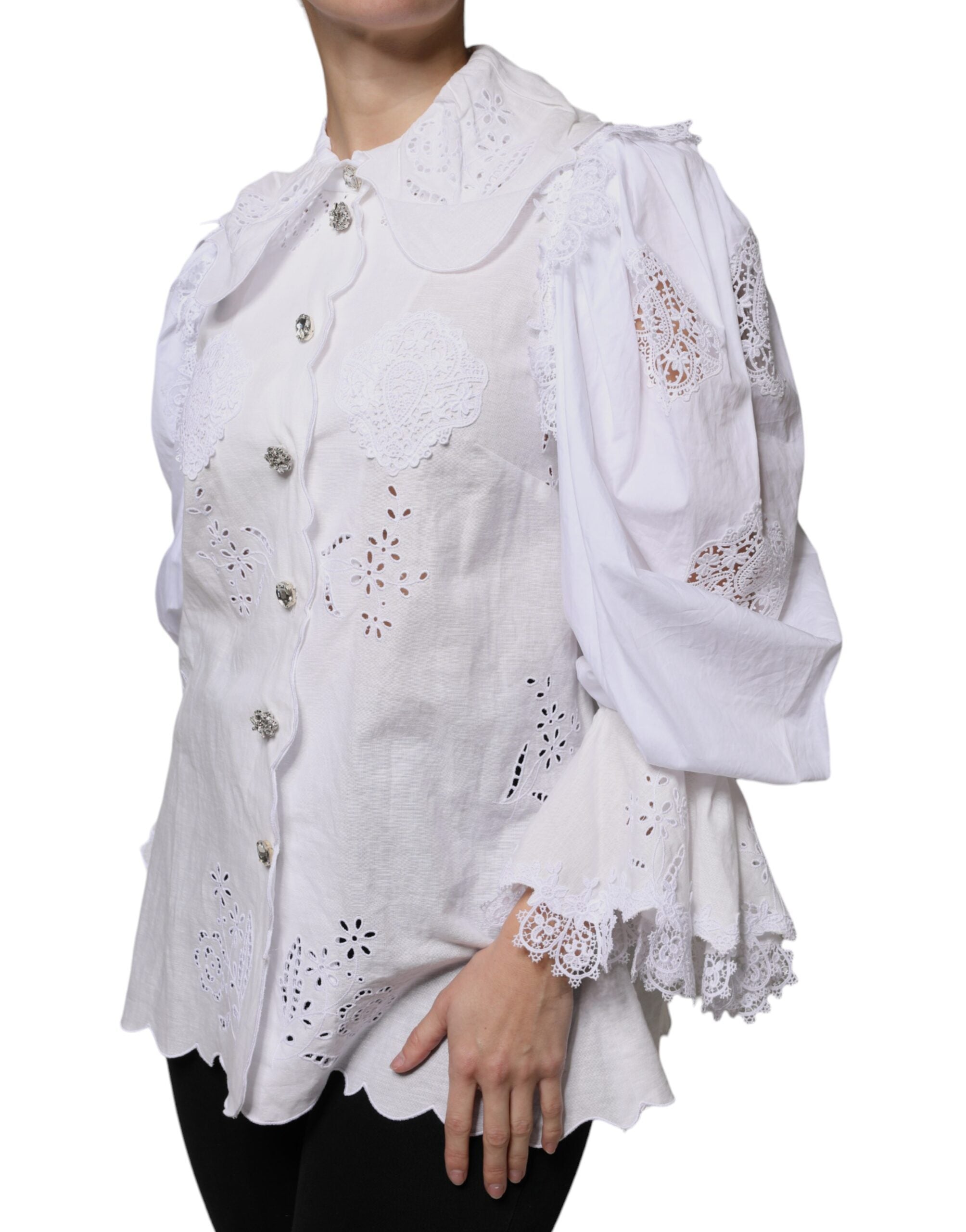 Dolce & Gabbana White Cotton Lace Trim Collared Blouse Women's Top (Pre-Owned)