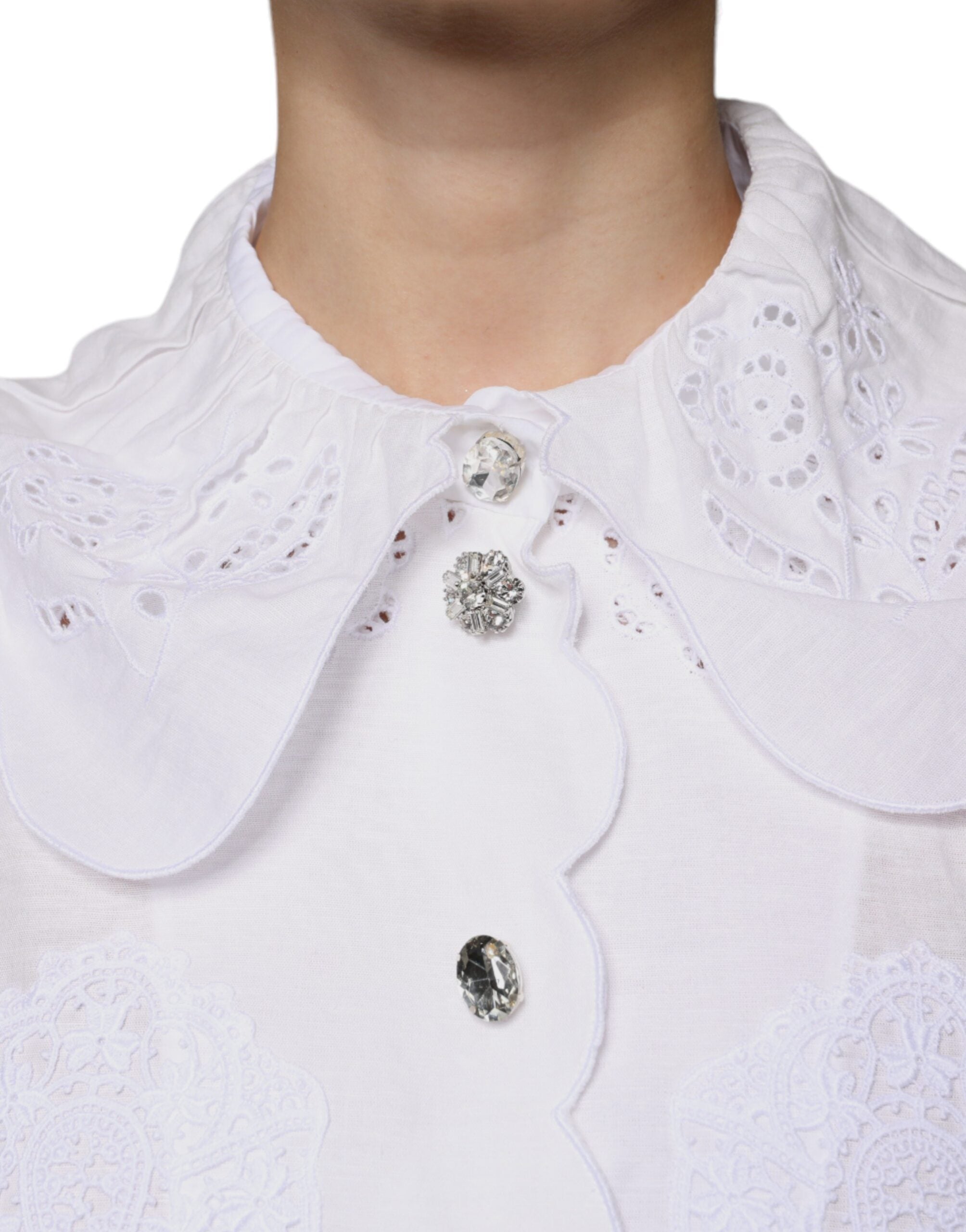 Dolce & Gabbana White Cotton Lace Trim Collared Blouse Women's Top (Pre-Owned)
