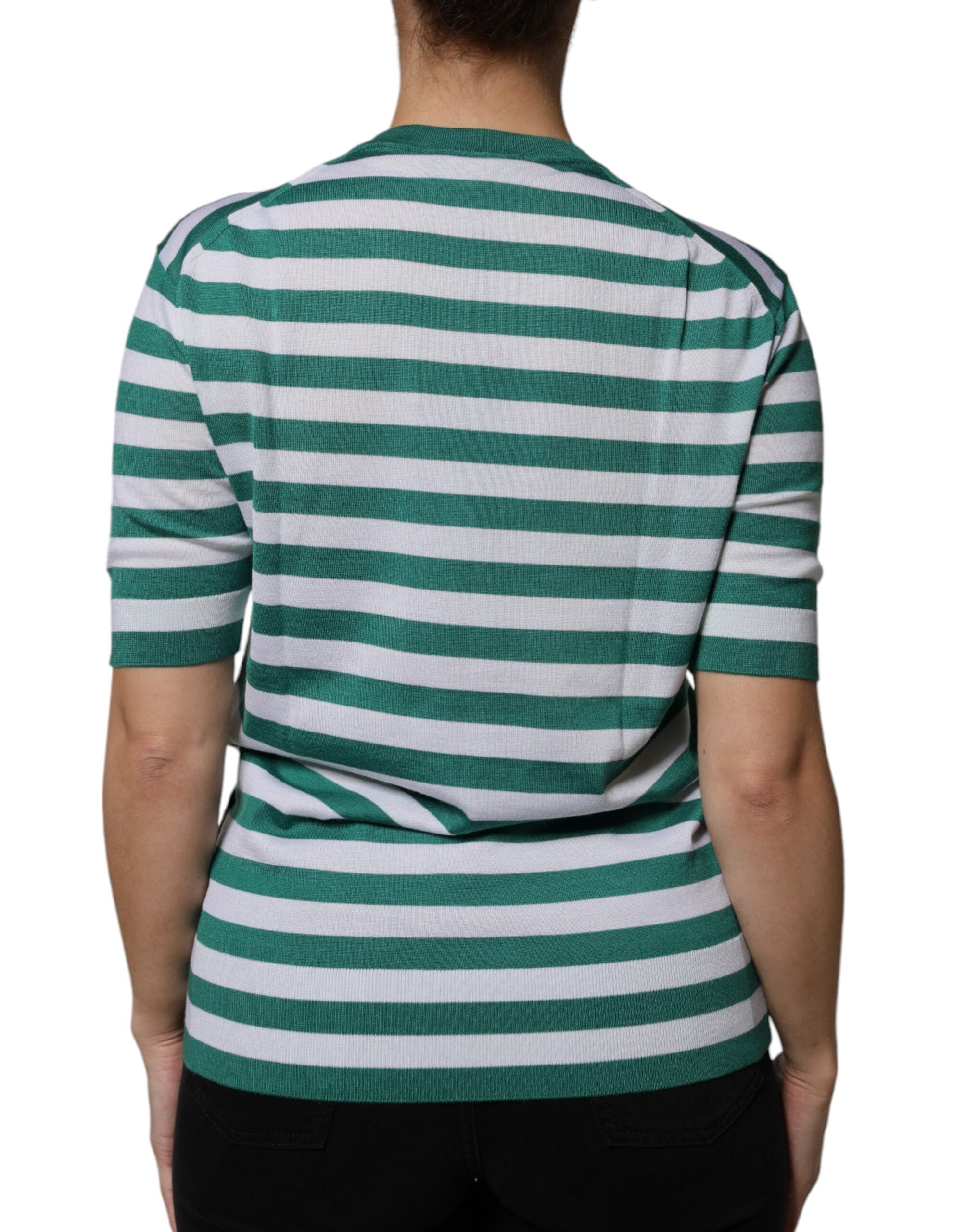 Dolce & Gabbana White Green Stripe Leaf Crew Neck Women's T-shirt