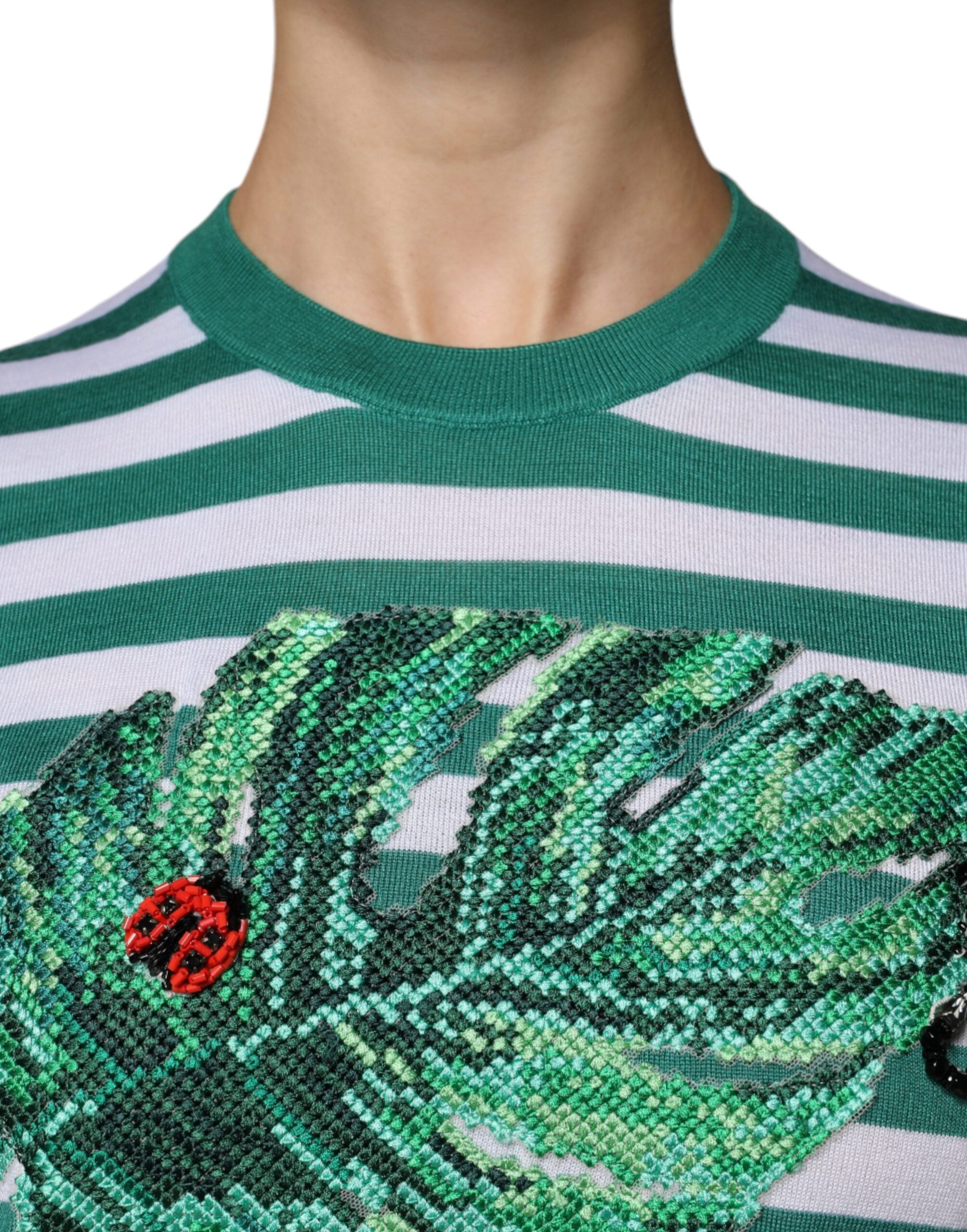 Dolce & Gabbana White Green Stripe Leaf Crew Neck Women's T-shirt