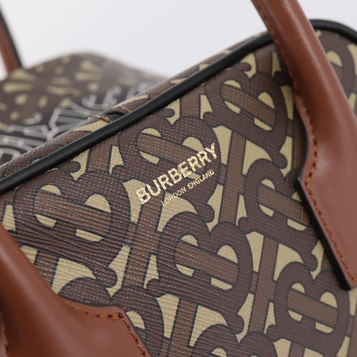 Burberry Tb Half Cube Duffle Monogram Embossed Leather Brown Canvas Handbag (Pre-Owned)