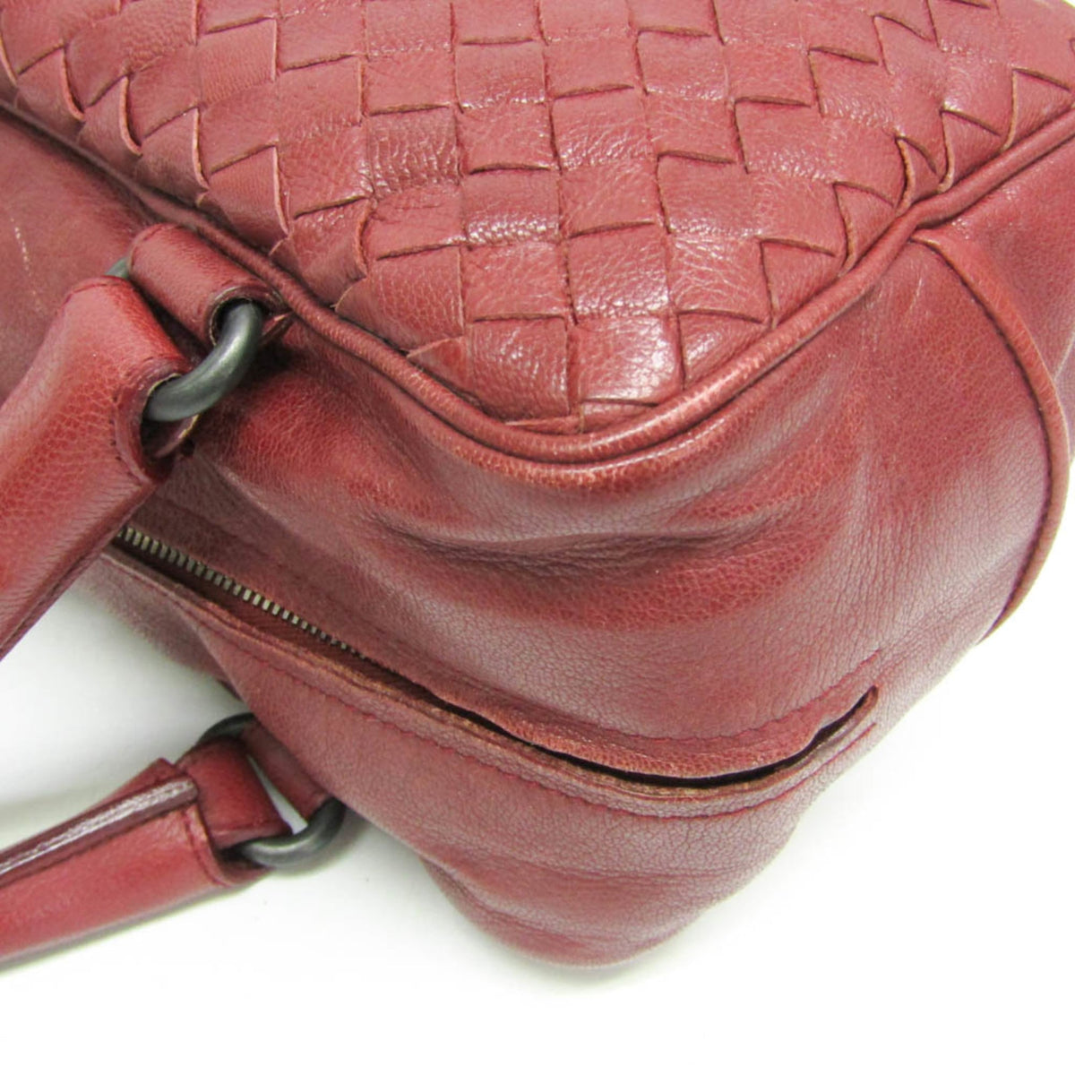 Bottega Veneta Zip Boston Intrecciato Nappa Red Leather Handbag (Pre-Owned)