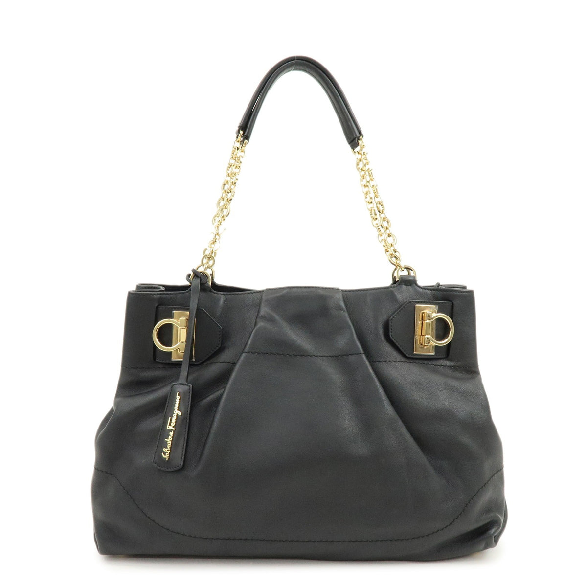 Salvatore Ferragamo W Chain Leather Black Leather Tote Bag Bag (Pre-Owned)
