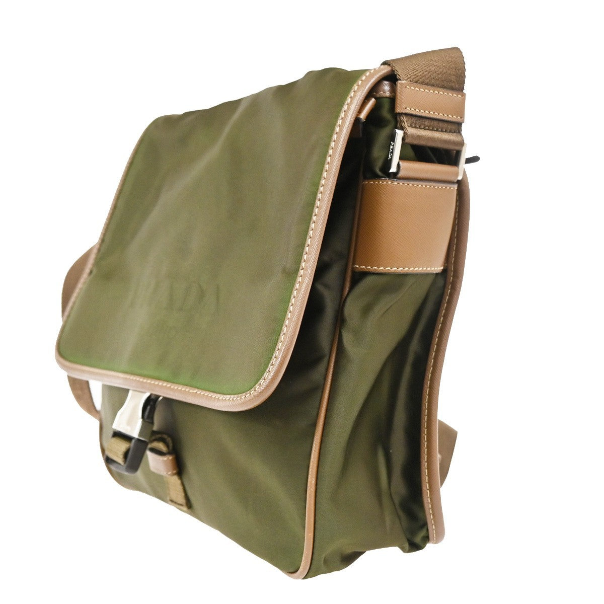 Prada Logo Buckle Messenger Nylon Khaki Nylon Handbag (Pre-Owned)