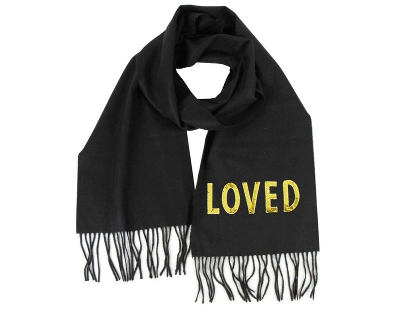 Gucci Women's Black Silk / Cashmere Long Scarf With Yellow Sequin "LOVED"