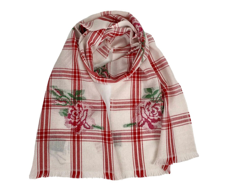 Gucci Unisex Off White Wool Plaid Rose Print Scarf Muffler 481896 9274