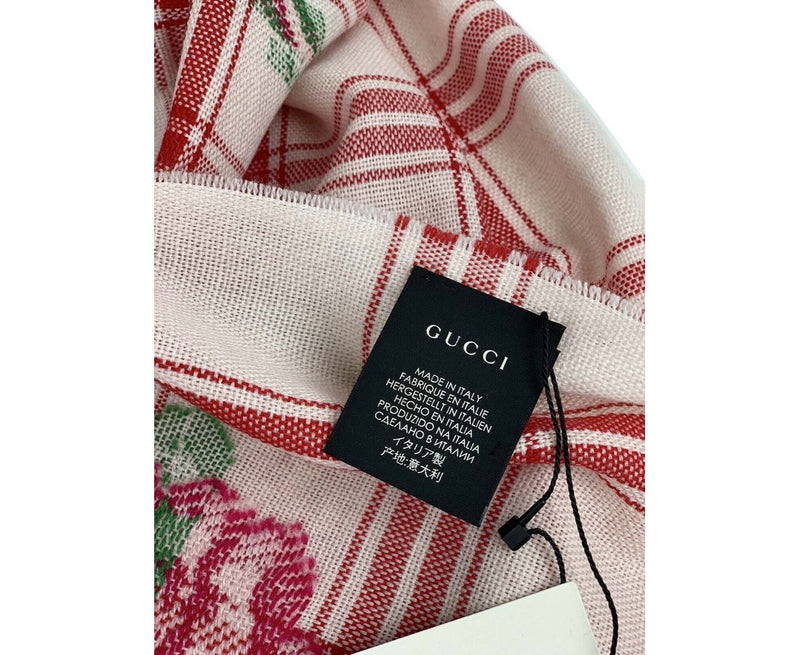 Gucci Unisex Off White Wool Plaid Rose Print Scarf Muffler