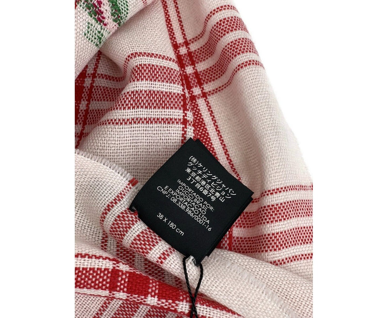 Gucci Unisex Off White Wool Plaid Rose Print Scarf Muffler