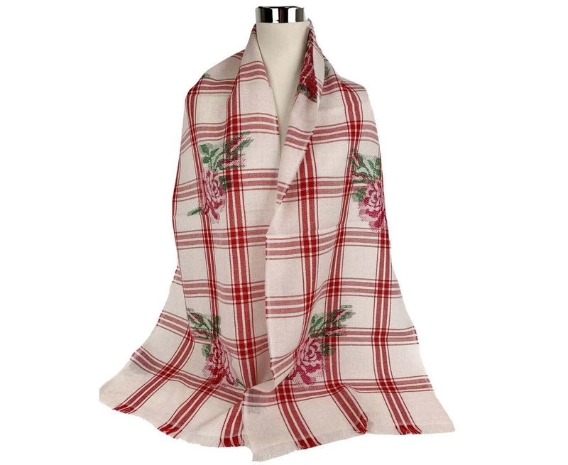 Gucci Unisex Off White Wool Plaid Rose Print Scarf Muffler