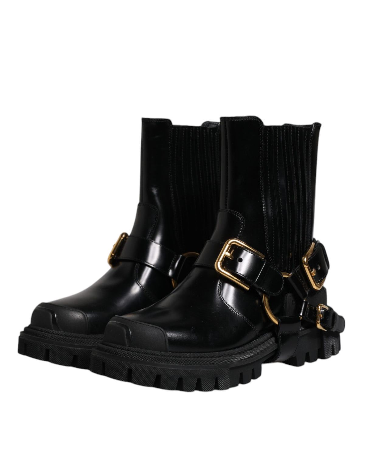 Dolce & Gabbana Black Leather Slip On Stretch Trekking Boots Men's Shoes