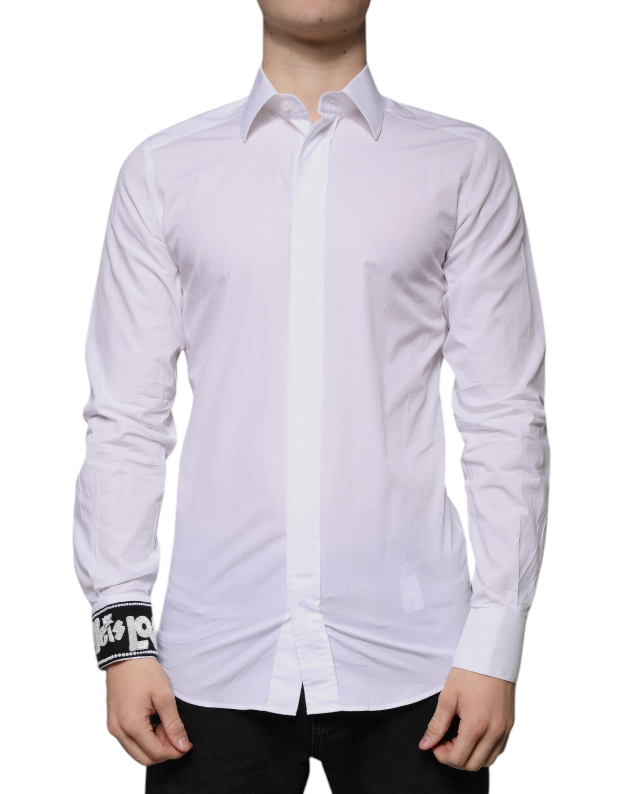 Dolce & Gabbana White Cotton Slim Fit GOLD Men Dress Men's Shirt (Pre-Owned)
