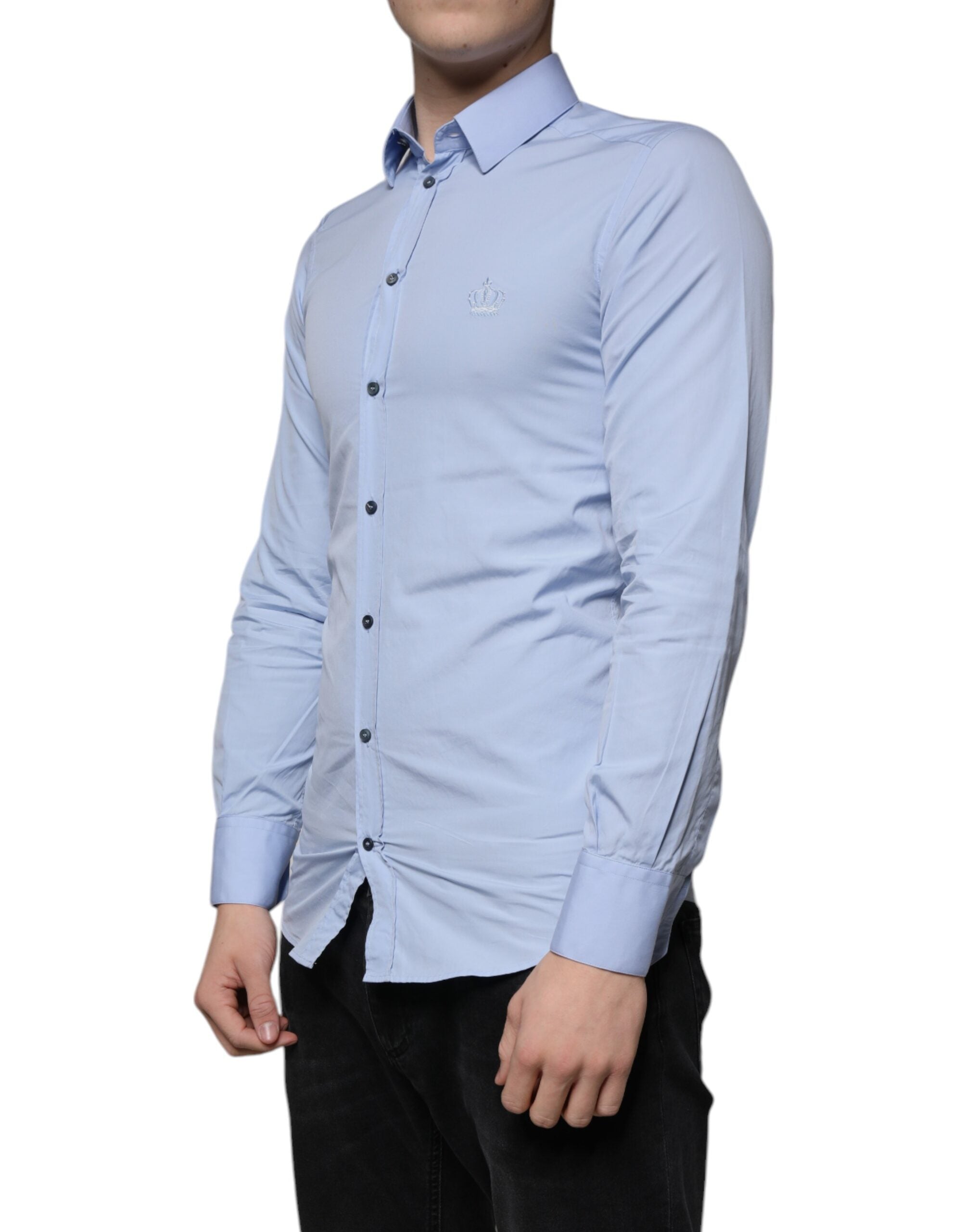 Dolce & Gabbana Light Blue Cotton Slim Fit GOLD Dress Men's Shirt (Pre-Owned)