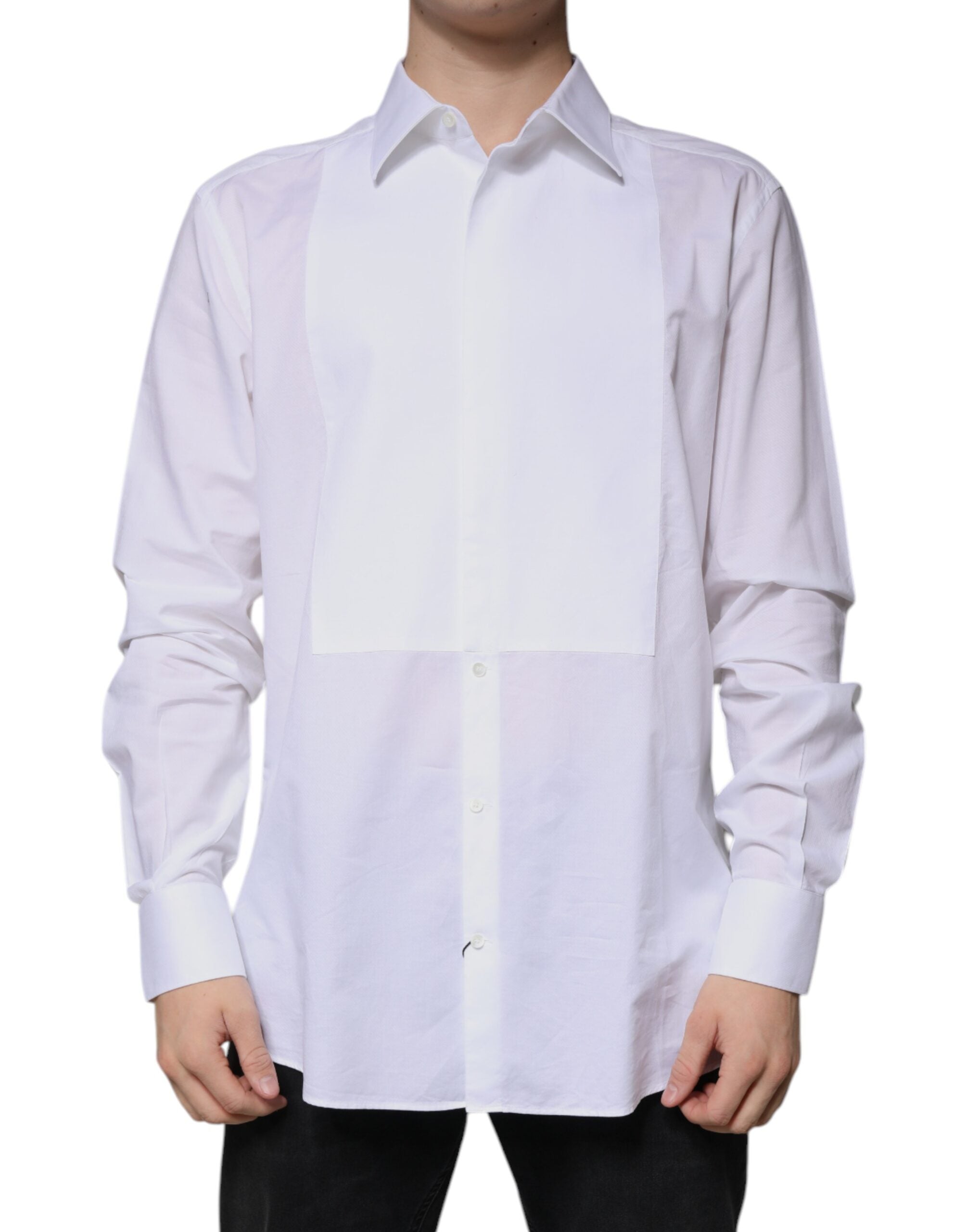Dolce & Gabbana White Bib Cotton Poplin GOLD Formal Men's Shirt (Pre-Owned)