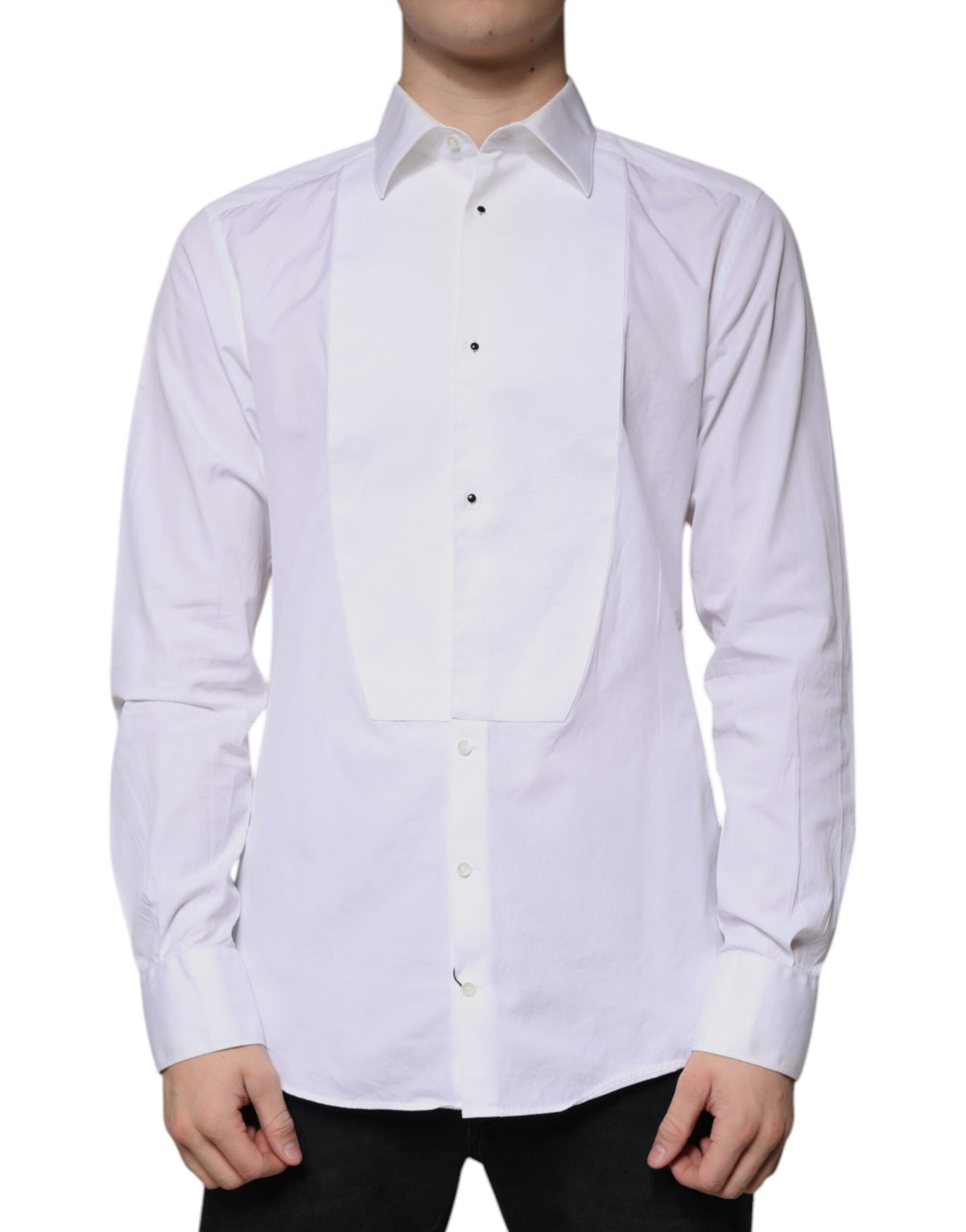 Dolce & Gabbana White Bib Cotton Poplin GOLD Men Formal Men's Shirt (Pre-Owned)