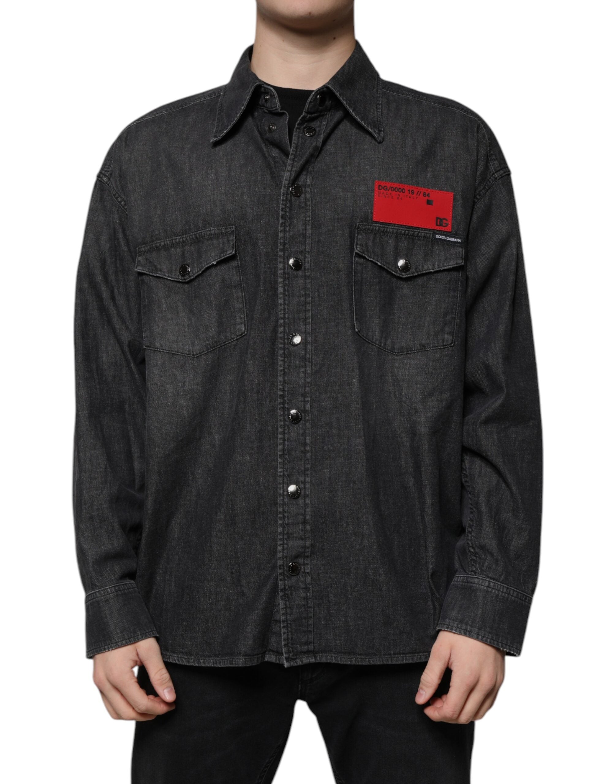 Dolce & Gabbana Black Logo Cotton Button Down Denim Men's Shirt