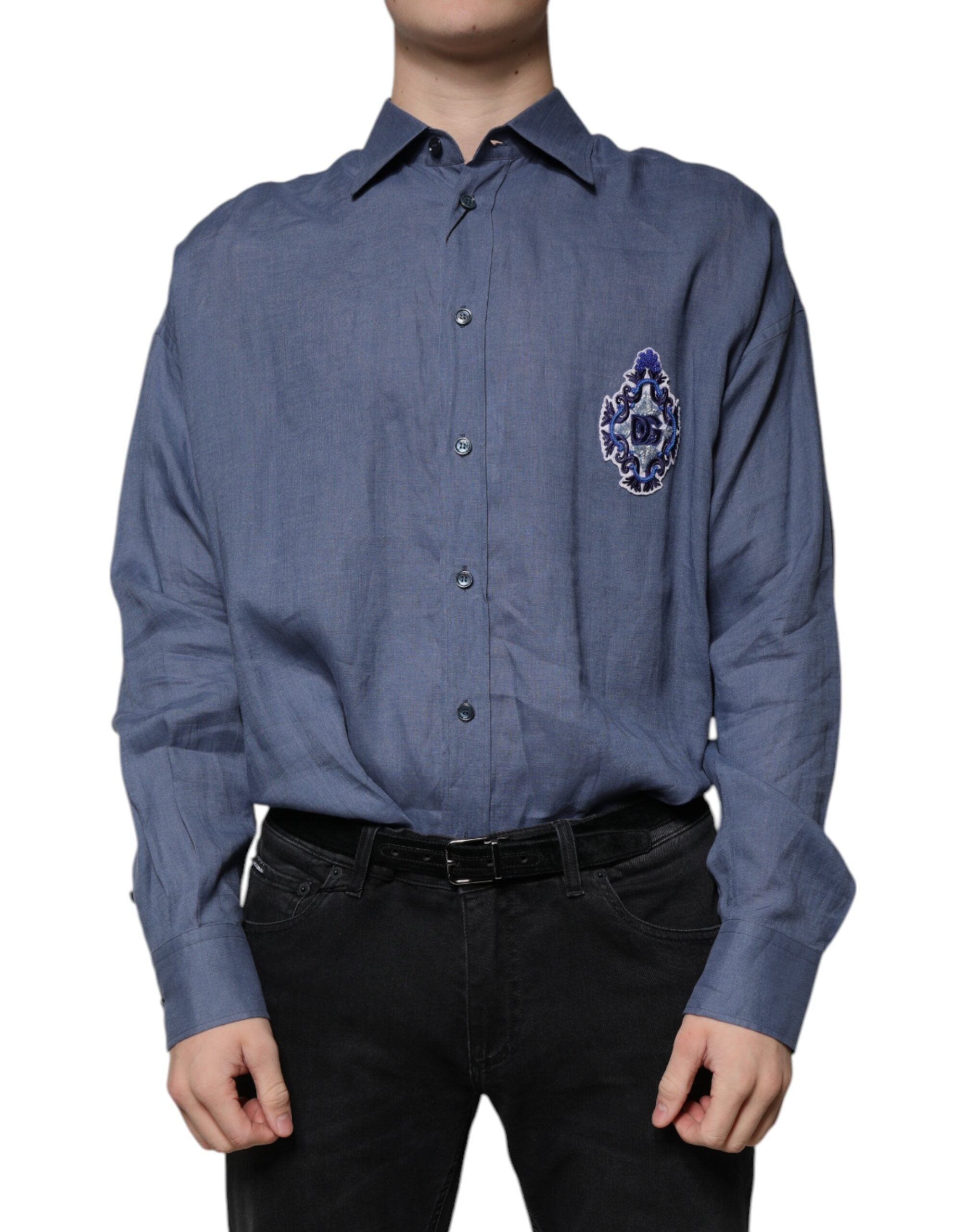 Dolce & Gabbana Blue Logo Long Sleeve Button Down Casual Men's Shirt